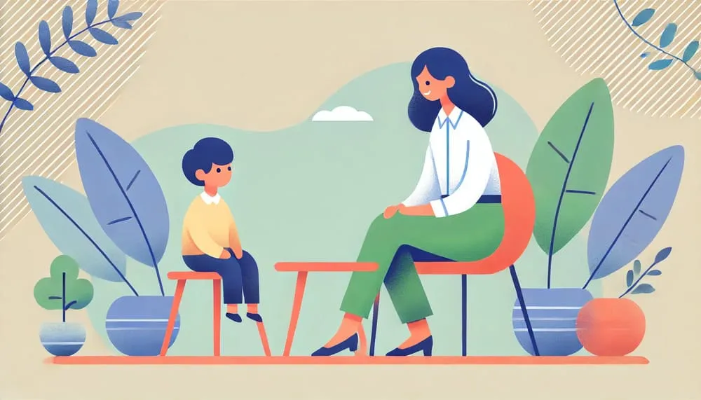 Dibujo de psicóloga y niño en consulta