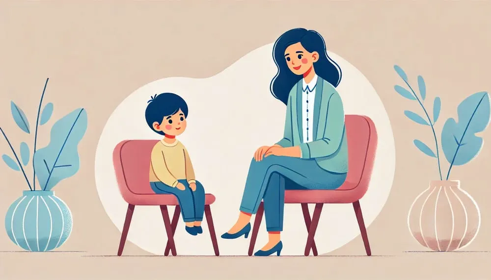 Dibujo de psicóloga y niño en consulta