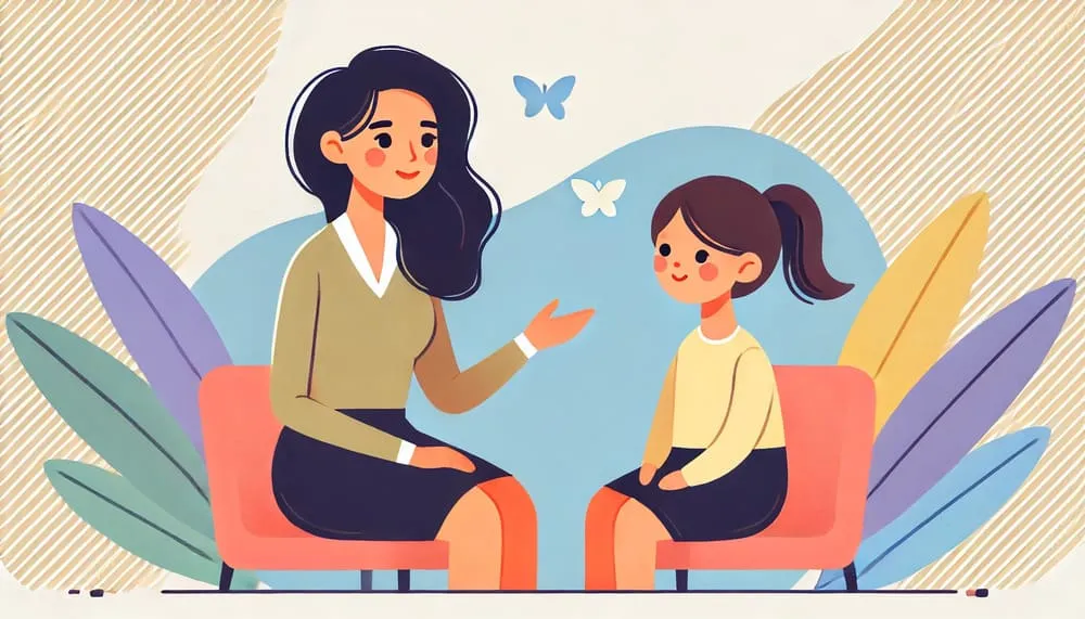 Dibujo de psicóloga y niño en consulta