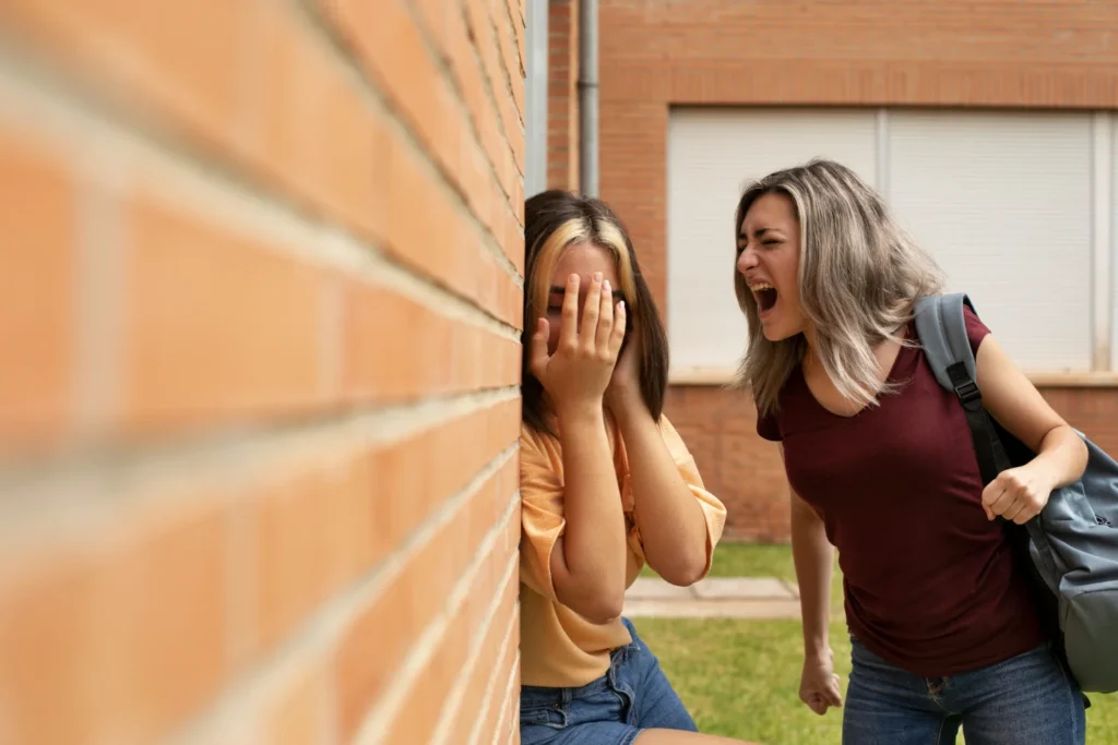 Niña gritando a otra en el colegio